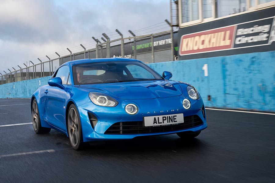 Alpine A110 Sports Car in electic blue on Knockhill Racing Circuit